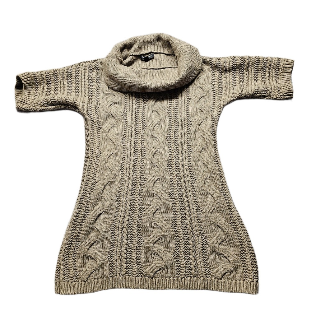 Banana Republic Sweater Dress Womens XS Tan Cable Knit Cowl Neck Short Sleeve